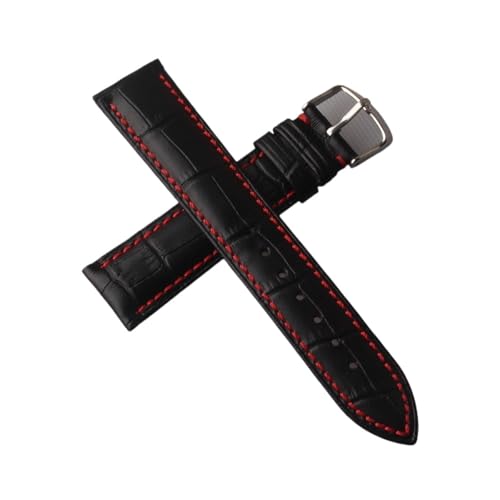 HRTUFN Uhrenarmband Schwarz mit roter Naht Uhrenzubehör Echtleder Krokodilkornriemen 20mm 22mm Armbänder(22mm) von HRTUFN