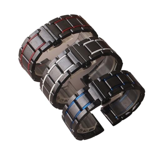 HRTUFN Uhrenarmband-Zubehör, modisch, Keramik, schwarz mit rotem Edelstahl, blaue Linie, 20 mm, 21, 22, 23, 24, Herren-Armbänder(Black Blue line,22mm) von HRTUFN