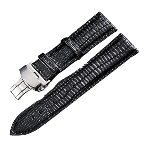 HRTUFN Universal-Lederarmband mit Schnalle und Eidechsenmuster, Uhrenarmband 14 mm, 16, 18, 20, 22, 24(Black Silver,24mm) von HRTUFN