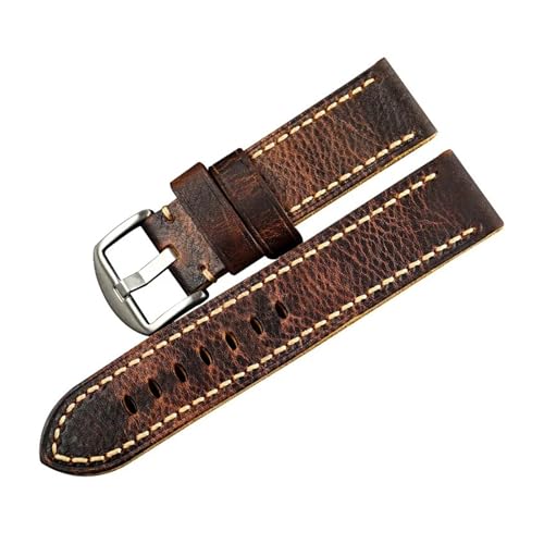 Handgefaltetes Rindsleder-Uhrenarmband 111 20 22 24 26MM Herren-Armband im verfärbten braunen Retro-Stil(B Silver buckle,26MM) von HRTUFN