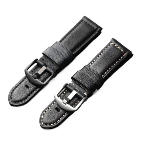Handgefertigtes Lederarmband Schwarz 20 22 24 26MM Kopfschicht Rindsleder Herren Mechanische Uhr, Retro-Stil Armband(B Silver Buckle,24mm) von HRTUFN