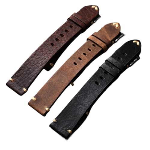 Handgemachtes Echtleder Uhrenarmband Altbraun Schwarz 18 20 22MM Weiches Herren Vintage Armband, Erste Schicht Rindsleder(Brown,18mm) von HRTUFN