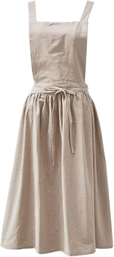 HRUNVC Cotton Linen Aprons Plain Japanese Style Women Art Flower Shop Clothing for Women Kitchen Cooking Aprons Retro Literature Bib Aprons Womenwith Large Pockets (beige) von HRUNVC