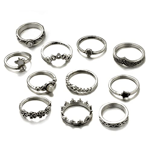 HSAJS 11/17pcs Fingerringe Ringe Damen Set,Boho Ring Set,Kristall Ring Knöchel-/Gelenkringe,Vintage Stapelbarer Ring Midi Daumengelenk Ringe Set für Damen und Mädchen (Silber) von HSAJS