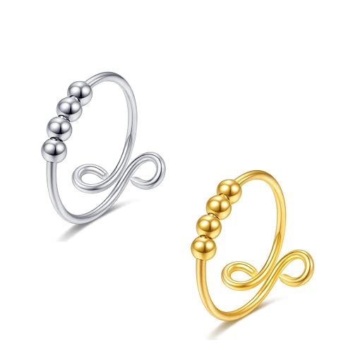 HSAJS 2 STK Wickelring Damen Ringe Angst Ringe für Spinner Band Ringe Zappeln Friedensringe für Anxiety Ring Sorgen Dünne Offene Feste Ringe Verstellbare Stapelbare Ringe Set von HSAJS