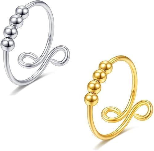HSAJS Spiralring Kugeldesign Drehbare Perlen Entspannungsring Verstellbarer Wickelring Damenring Schmuckset von HSAJS