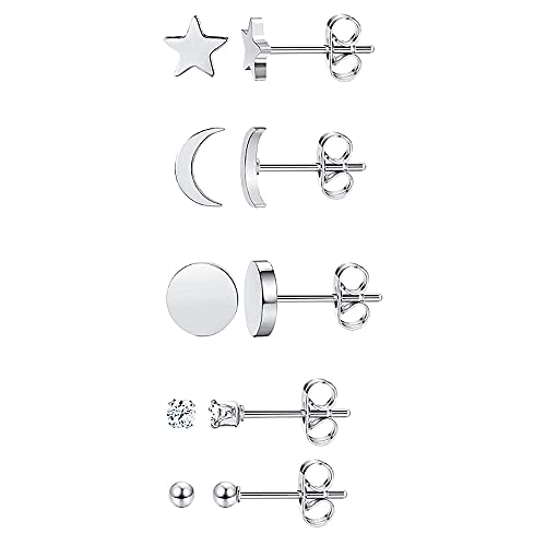 5 Paar ohrringe damen ohrstecker verschluss Set für Frauen Netter Stern Mond Kleine Knorpel Tragus Ohrringe Runde Kugel Runde Zirkonia Ohrringe groß für Teens Mädchen(A Silber) von HSAJS