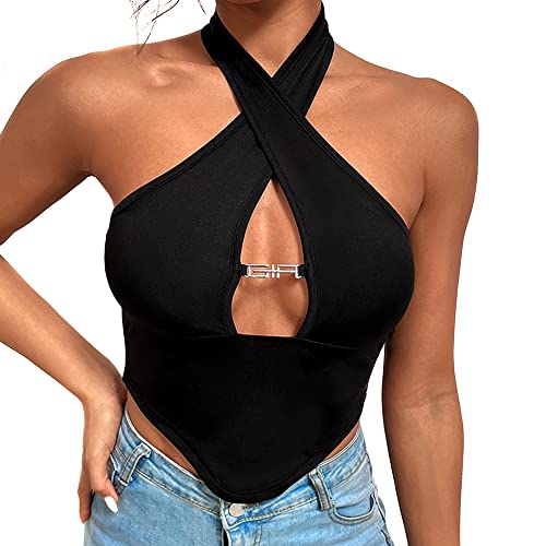 Damen Crisscross Crop Top Neckholder Ärmellose Tank Tops Sexy Bauchfrei Oberteil Sommer Corset Top Y2k Rückenfrei Shirts Streetwear Schwarz von HSAJS