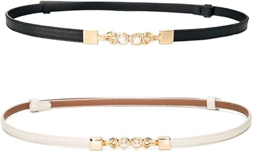 HSAJS Schmaler Damengürtel Eleganter Taillengürtel Kunstleder Perlenknopf Goldschnalle Verstellbar Dünn Klassisch von HSAJS