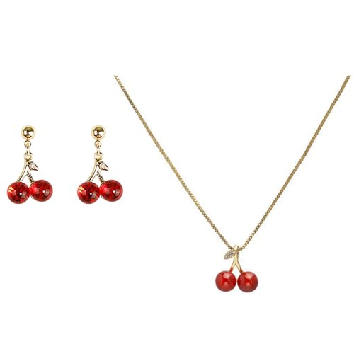 HSAJS 2PCS Schmuckset für Damen Mädchen Anhänger Diamanten Kirsche Halskette Ohrringe Schmuck Set für Weihnachten Valentinstag Muttertags von HSAJS
