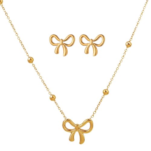 HSAJS 2 Stück Schleife Schmuckset Halskette Ohrringe Kombination Damen Schmuck Elegantes Accessoire Hochwertige Kette Ohrstecker von HSAJS