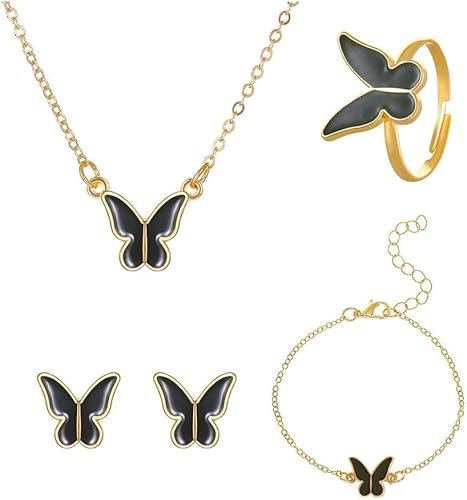 HSAJS 4 Stück Schmucksets für Damen Schmetterling Kette Ohrringe Armbänder Ringe Set Hypoallergene Modeschmuck Geschenke Frauen Mädchen (Schwarz) von HSAJS