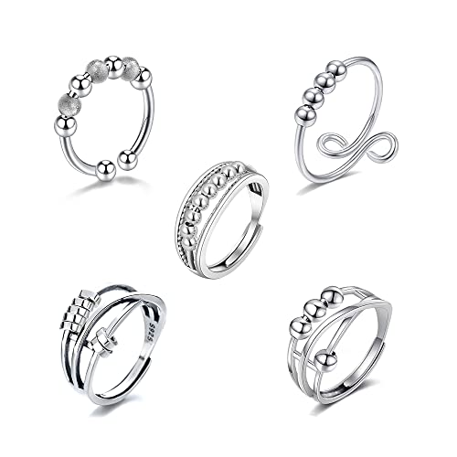 HSAJS 925 Silber Angst Ring für Frauen Männer Fidget Ringe Für Angst Relief Stress Ringe Spinner Ring Retro Verstellbare Band Ringe Set Spinning Bead Ringe (Silber) von HSAJS