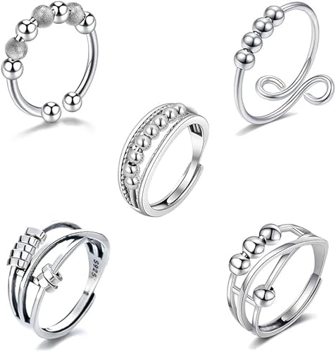 HSAJS 925 Silber Angst Ring für Frauen Männer Fidget Ringe Für Angst Relief Stress Ringe Spinner Ring Retro Verstellbare Band Ringe Set Spinning Bead Ringe (Silber) von HSAJS