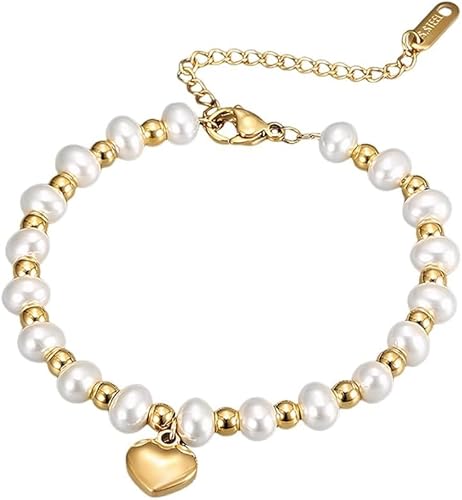 HSAJS Elegantes Perlenarmband Mit Herzanhänger Hochwertige Süßwasserperlen Und Vergoldete Details Zeitloses Schmuckstück Für Damen Verstellbare Länge Perfekt Für Jeden Anlass von HSAJS