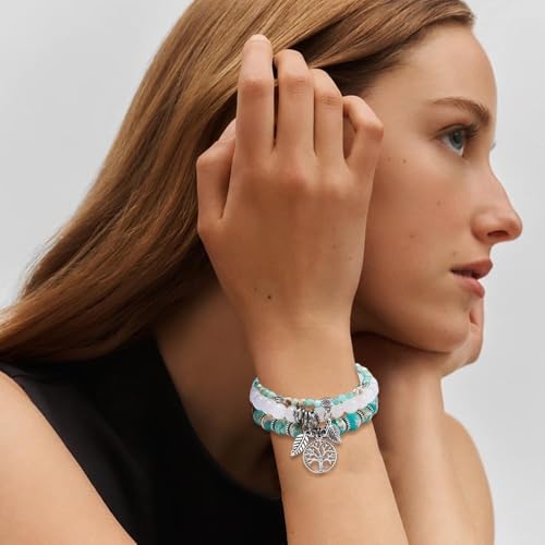 HSAJS Mehrreihiges Perlenarmband Lebensbaum Anhänger Armkette Boho Schmuck Damenarmband Naturstein Accessoire von HSAJS