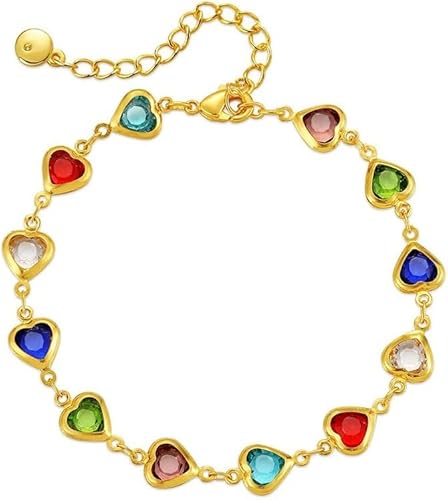 HSAJS Herzform Armband Mehrfarbig Kristall Damenarmband Goldfarben Kettenarmband Schmuck Verstellbar Armkette von HSAJS