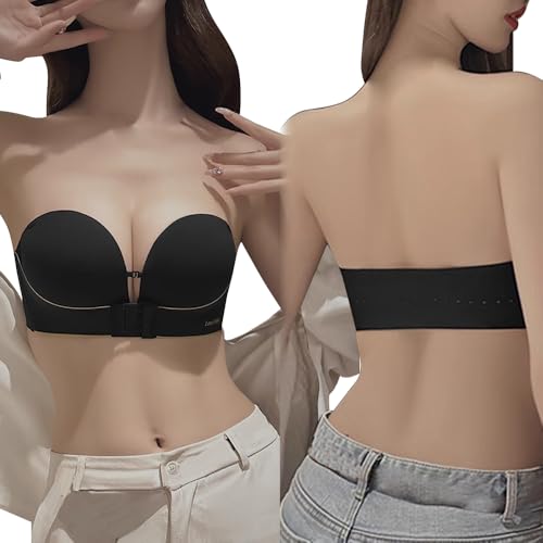 HSAJS BH Damen Ohne Bügel Push Up Gepolstert Bandeau Bralette Trägerloser mit Rutschfester Silikon Transparente Abnehmbare Träger Soft Seamless Strapless Bra(Schwarz/L) von HSAJS