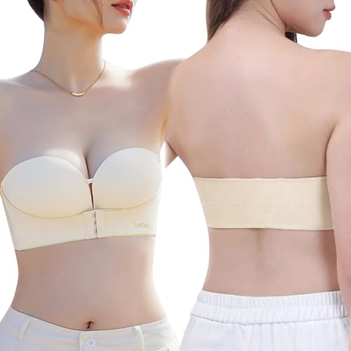 HSAJS BH Damen Ohne Bügel Push Up Gepolstert Bandeau Bralette Trägerloser mit Rutschfester Silikon Transparente Abnehmbare Träger Soft Seamless Strapless Bra(Weiß/L) von HSAJS