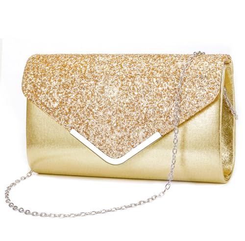 HSAJS Clutch Damen Abendtasche Klein Glitzer Handtasche Elegant Hochzeit Clutches Kleine Tasche Braut Abendtaschen Goldene Kette Damentaschen von HSAJS
