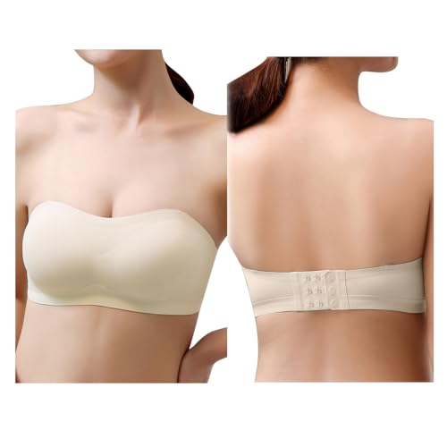 HSAJS Damen Bandeau Trägerloser BH ohne Bügel Gepolsterter Bralette BH Nahtlose Tube Top BH mit Transparenten Trägern für Abendkleider Ballkleider (Weiß/L) von HSAJS