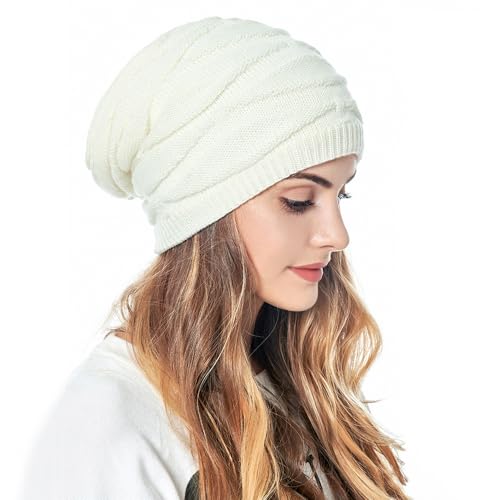 HSAJS Damen Beanie Mütze Warme Winter Wintermütze Street Style Unisex Strickmütze Weichem mit Innenfutter Gefütterte Thermo Slouch Knit Haube Herren (Weiß) von HSAJS