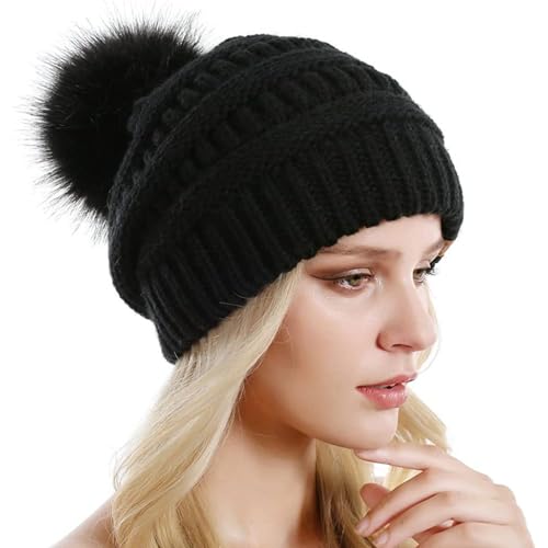 HSAJS Damen Beanie Mütze Warme Wintermütze Winter Strickmütze mit Bommel Slouch Strick Beanie Atmungsaktivem und Leichtem für Winter Bommelmütze von HSAJS
