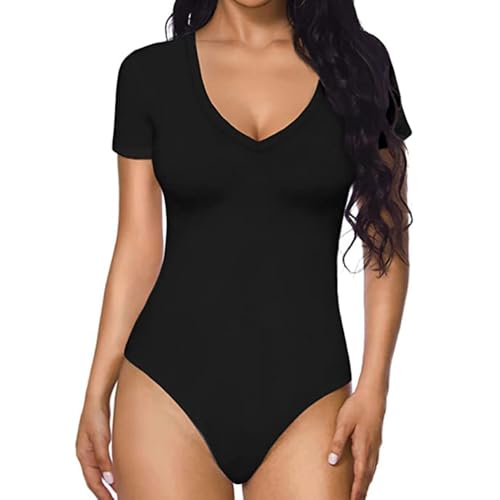 HSAJS Body Damen Kurzarm Vausschnitt Bodysuit Elegant Figurbetont Bodys für Alltag Oberteil Shapewear Blusenbody Kurzarmbody Basic Unterziehbody Tanga von HSAJS