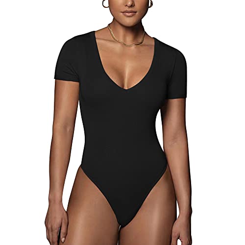 HSAJS Damen Body Elegant Kurzarm Bodies mit V-ausschnitt Sexy Bodysuit Tops kurze Ärmel Unterziehbody Jumpsuit Oberteil Top Bluse Overalls für Frauen von HSAJS