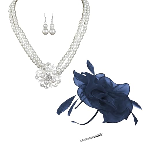 HSAJS Fascinator Haarschmuck Set Blume Kopfschmuck Perlen Halskette Ohrringe Haarnadel Elegant Hochzeit Schmuckset Damen von HSAJS
