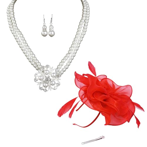 HSAJS Damen Braut Feder Fascinator Hair Clip Hairpin Schmuckset mit Perlen Haarband Blumen Netz Kopfschmuck Feder Haarschmuck Garn Braut Haarschmuck (Rot + Schmuckset) von HSAJS