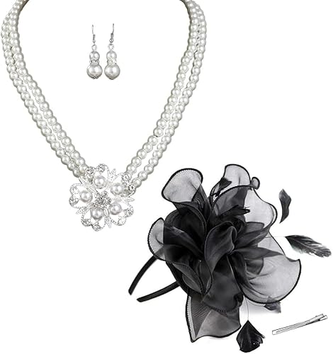 HSAJSSchmuckset Blumen Fascinator Haarreif Perlenkette Ohrringe Haarschmuck Haarklammer Hochzeit Kopfschmuck Damen Elegant von HSAJS