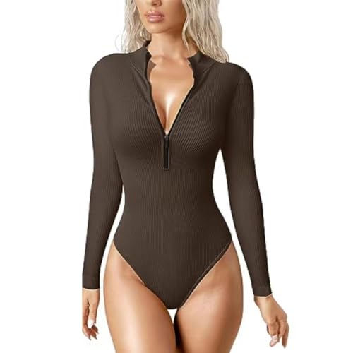 HSAJS Damen Elegant Sexy Body Rollkragen Langarm Gerippt Oberteil Bodysuit Jumpsuit Tops Unterziehbody Bodys mit Reißverschluss Fashion Outfits von HSAJS