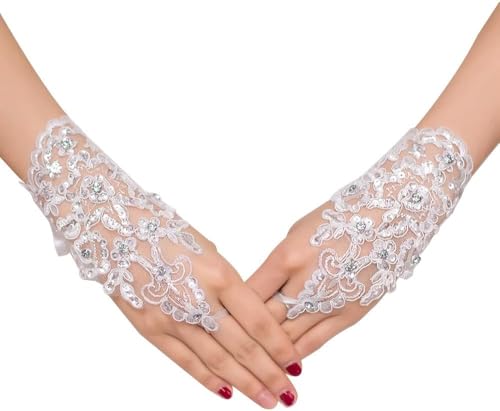 HSAJS Elegante Spitze Handschuhe Fingerlos Braut Handstulpen mit Strass Stickerei Schmuck Accessoires für Erwachsene von HSAJS
