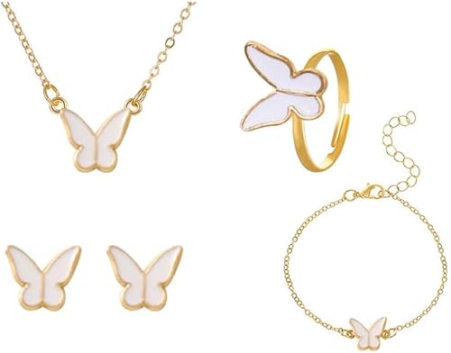 HSAJS 4 Stück Schmucksets für Damen Schmetterling Kette Ohrringe Armbänder Ringe Set Hypoallergene Modeschmuck Geschenke Frauen Mädchen (Weiß) von HSAJS