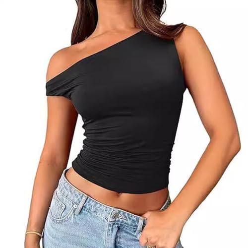 HSAJS Damen Tank Top Classics Solide Farbe Asymmetrische Trägerlose Weste Frauen eine Schulter Gerüscht Schmale Passform Y6K Style Sexy Oberteile Strassenmode Neu im Sommer Damen von HSAJS