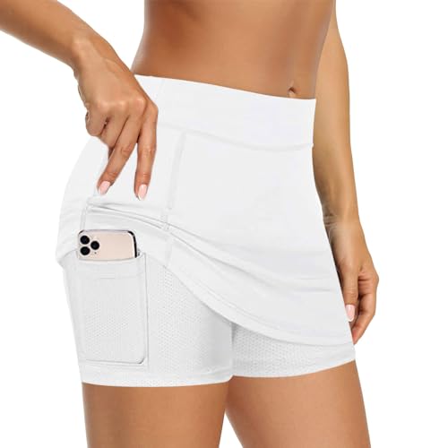 HSAJS Damen Tennisröcke Hohe Taille Tennis Skort mit Taschen Laufröcke Sport Golfrock mit Innenhose Athletischer Skort für den Sommer Outdoor Workout Running（Weiß M） von HSAJS