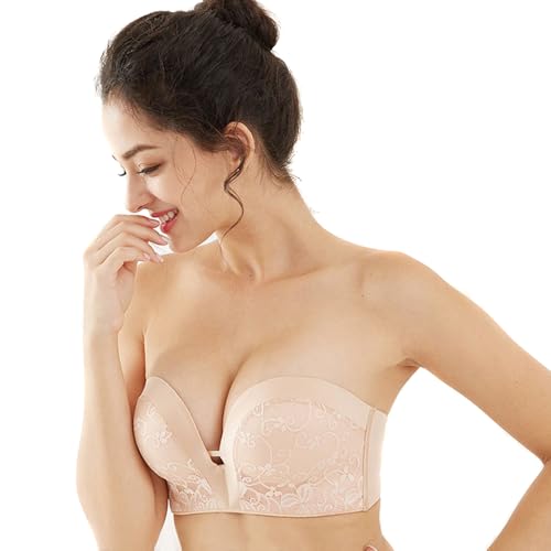 HSAJS Trägerloser BH Push up Bandeau Strapless Bra mit Spitze BHS Trägerlos ohne Träger Guter Halt Selbstklebend Rückenfrei Unsichtbar für Abendkleid Hochzeit Party von HSAJS