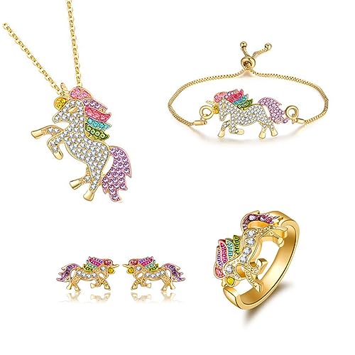 HSAJS Einhorn Schmuckset für Mädchen Silber Anhänger Halskette Armband Ring Ohrringe Set Kristall Kinderschmuck Set Gold Schmuck Set Geschenke für Damen Tochter Enkelin Nichte Party (Golden) von HSAJS