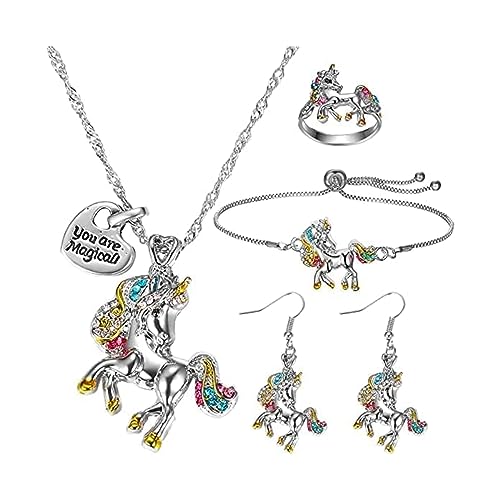 HSAJS Einhorn Schmuckset für Mädchen Silber Anhänger Halskette Armband Ring Ohrringe Set Kristall Kinderschmuck Set Gold Schmuck Set Geschenke für Damen Tochter Enkelin Nichte Party (Silber) von HSAJS