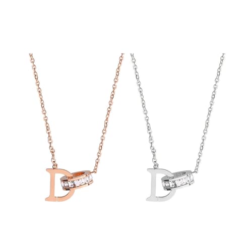 HSAJS Halskette Damen Doppelkreis Kette mit Buchstaben D Rosegold Silber Ketten Kristall Anhänger Geburtstag Valentinstag Weihnachten Muttertag Schmuck Geschenke von HSAJS