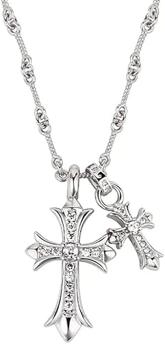 HSAJS Doppelkreuz Anhänger Halskette Strass Besetzt Glänzend Religiöser Schmuck Damenkette Elegant Zeitlos von HSAJS