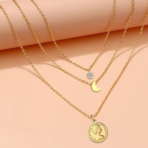 HSAJS HSAJSMehrschichtige Mond Münze Halskette Kristall Anhänger Schmuck Damen Kette Layered Halsschmuck Accessoire von HSAJS