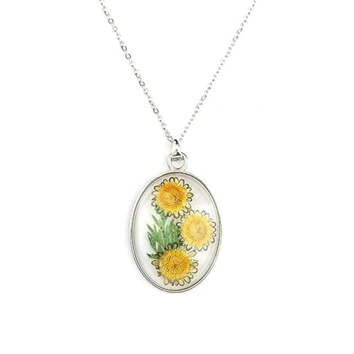 HSAJS Oval Sonnenblumen Anhänger Halskette Silber Schmuck Damen Naturmotiv Blumen Medaillon Kette Handgefertigt Elegant Sommerlich von HSAJS