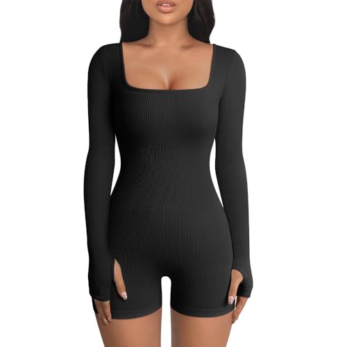 HSAJS Jumpsuit Damen Langarm Gerippter Kurz Eng Yoga Bodysuit Overall mit Eckigem Ausschnitt Stretch Bodycon Romper Sportanzug Einteiler Hosenanzug Trainingsanzug HSAJS Jumpsuit Damen Langarm Gerippter Kurz Eng Yoga Bodysuit Overall mit Eckigem Ausschnitt Stretch Bodycon Romper Sportanzug Einteiler Hosenanzug Trainingsanzug von HSAJS