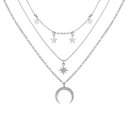 HSAJS Kette Damen Halskette Layered Set mit Stern Mond Anhänger Verstellbare Halskette Boho Kette Hypoallergene Modeschmuck Geburtstags und Weihnachten Geschenk (Silber) von HSAJS