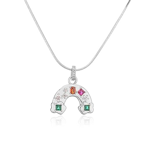 HSAJS Kette Silber Damen Halskette Regenbogen Anhänger Halskette Zirkonia Silberkette Schmuck Gold Geschenk für Frauen Freundin Valentinstag Weihnachten (Silber) von HSAJS