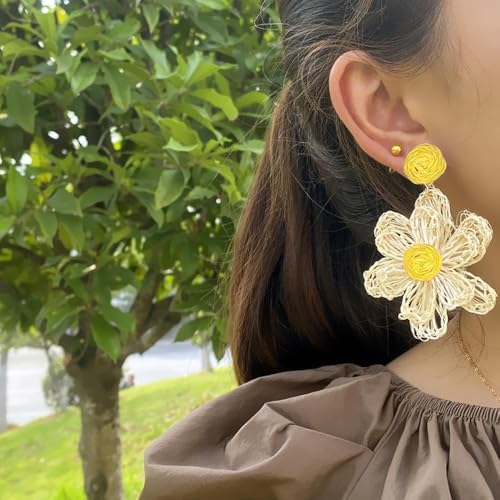 HSAJS Handgewebte Blumen Ohrringe Stroh Ohrhänger Naturmaterial Schmuck Sommerliche Accessoires Damen Tropfen Ohrstecker Zweifarbig von HSAJS