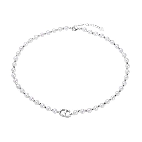 HSAJS Perlenkette Weiß für Damen Runde Nachahmung Perle Halskette Buchstaben Kette CD Anhänger Einstellbare Halskette Künstliche Perle Halskette für Hochzeit Kostüm Vintage Modeschmuck (Silber) von HSAJS