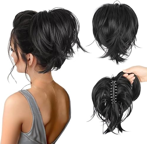 HSAJS Pferdeschwanz Verlängerung Klauen Clip Kurzes Pferdeschwanz-Brötchen Natürliche Synthetische Haarteile Ponytail Extension Haarverlängerungen Messy Bun Haarteile für Frauen von HSAJS